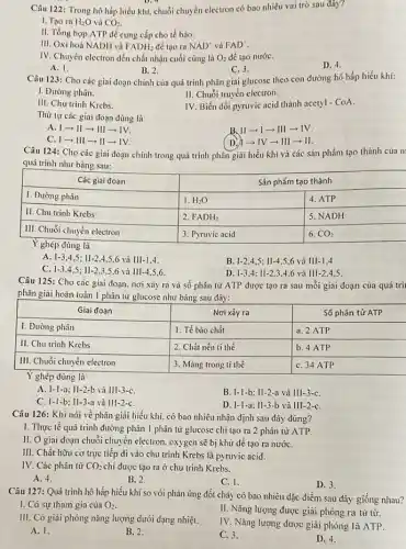 Câu 122: Trong hô hấp hiếu khí, chuỗi chuyền electron có bao nhiêu vai trò sau dây?
1. Tạo ra H_(2)O và CO_(2)
II. Tổng hợp ATP để cung cấp cho tế bào.
III. Oxi hoá NADH và FADH_(2) để tạo ra NAD và FAD
IV. Chuyển electron dến chất nhận cuối cùng là O_(2) để tạo nướC.
D. 4.
A. 1.
B. 2.
Câu 123: Cho các giai đoạn chính của quá trình phân giải glucose theo con đường hô hấp hiếu khí:
C. 3.
II. Chuồi truyền electron.
I. Đường phân.
III. Chu trình Krebs.
IV. Biến đổi pyruvic acid thành acetyl - CoA.
Thứ tự các giai đoạn đúng là
A. 1-11 ­­­­→III­­­­→IV.
B.II­­­­→I-III - IV.
C. 1-111 ­­­­→II­­­­→IV.
-IV­­­­→III -11.
Câu 124: Cho các giai đoạn chính trong quá trình phân giải hiếu khí và các sân phẩm tạo thành của m
quá trình như bảng sau:
A. 1-3 4,5; II-2,4 ,5,6 và III-1.4.
B. 1-2.4 .5: 11-4.5.6 và III-1.4
C. 1-3.4.5 ; 11-2,3.56 và III-45.6.
D. 1-3,4: II -2.3.4.6 và III-2.45.
Câu 125: Cho các giai đoạn. nơi xảy ra và số phân từ ATP được tạo ra sau mỗi giai đoạn của quá trìi
phân giải hoàn toàn 1 phân tử glucose như bảng sau đây:
A. I-1-a; II-2-b và III-3-C.
B. I-1-b: Il-2-a và 111-3-C.
C. 1-1-b; II-3-a và III-2-C.
D. I-1-a; 113-b và III-2-C.
Câu 126: Khi nói về phân giai hiếu khí, có bao nhiêu nhận định sau đây đúng?
I. Thực tế quá trình đường phân I phân tử glucose chi tạo ra 2 phân tử ATP.
II. Ở giai đoạn chuỗi chuyển electron, oxygen sẽ bị khử dể tạo ra nướC.
III. Chất hữu cơ trực tiếp đi vào chu trình Krebs là pyruvic acid.
IV. Các phân tử CO_(2) chỉ được tạo ra ở chu trình Krebs.
A. 4.
B. 2.
C. 1.
D. 3.
Câu 127: Quá trình hô hấp hiếu khí so với phản ứng đốt cháy có bao nhiêu đặc điểm sau đây giống nhau?
I. Có sự tham gia của O_(2)
II. Nǎng lượng được giài phóng ra từ từ.
III. Có giải phóng nǎng lượng dưới dạng nhiệt.
IV. Nǎng lượng được giải phóng là ATP.
A. 1.
B. 2.
C. 3.
D. 4.