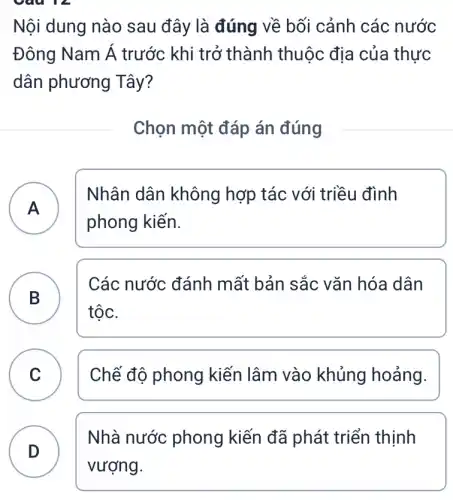 Câu 12.
Nội dung nào sau đây là đúng về bối cảnh các nước
Đông Nam Á trước khi trở thành thuộc địa của thực
dân phương Tây?
Chọn một đáp án đúng
A )
Nhân dân không hợp tác với triều đình
phong kiến.
B )
Các nước đánh mất bản sắc vǎn hóa dân
tộc.
C Chế độ phong kiến lâm vào khủng hoảng. v
Nhà nước phong kiến đã phát triển thịnh