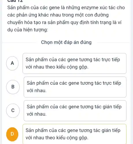 Câu 12
Sản phẩm của các gene là những enzyme xúc tác cho
các phản ứng khác nhau trong một con đường
chuyển hóa tạo ra sản phẩm quy định tính trạng là ví
dụ của hiện tượng:
Chọn một đáp án đúng
A )
Sản phẩm của các gene tương tác trực tiếp
với nhau theo kiểu cộng gộp.
B
Sản phẩm của các gene tương tác trực tiếp
với nhau.
C )
Sản phẩm của các gene tương tác gián tiếp
với nhau.
Sản phẩm của các gene tương tác gián tiếp
với nhau theo kiểu cộng gộp.