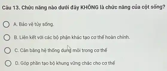 Câu 13. Chức nǎng nào dưới đây KHÔNG là chức nǎng của cột sống?
A. Bảo vệ tủy sống.
B. Liên kết với các bộ phận khác tạo cơ thể hoàn chinh.
C. Cân bằng hệ thống dung môi trong cơ thể
D. Góp phần tạo bộ khung vững chắc cho cơ thế