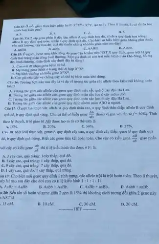 Câu 13: Ở ruồi giấm thực hiện phép lai P: X^DX^Dtimes X^DY tạo ra F_(1) Theo lí thuyết, F_(1) có tối đa bao
nhiêu loại kiểu gen?
A. 4.
C. 2.
D. 3.
B. 1.
Câu 14: Xét 2 cặp gene phân li độc lập, allele A quy định hoa đỏ, allele a quy định hoa trắng;
allele B quy định quả tròn, allele b quy định quả dài. Cho biết sự biểu hiện gene không phụ thuộc
vào môi trường, cây hoa đỏ, quả dài thuần chủng có kiểu gene nào sau đây?
A. aaBB.
B. aabb.
C. AABB.
D. AAbb.
Câu 15: Ở người bệnh máu khó đông do gene lặn h nằm trên NST X quy định, gene trội H quy
định tình trạng máu đông bình thường. Một gia đình có con trai mắc bệnh máu khó đông, bố mẹ
đều bình thường, nhận định nào dưới đây là đúng?
A. Con trai đã nhận gene bệnh từ bố.
B. Mẹ mang gene bệnh ở trạng thái dị hợp X^HX^h
X^HX^H
C. Mẹ bình thường có kiểu gene
D. Con gái của cặp vợ chồng này có thể bị bệnh máu khó đông.
Câu 16: Trường hợp nào sau đây là ví dụ về tương tác giữa các allele theo kiểu trội không hoàn
toàn?
A. Tương tác giữa các allele của gene quy định màu sắc quả ở cây đậu Hà Lan.
B. Tương tác giữa các allele của gene quy định màu sắc hoa ở cây mõm chó.
C. Tương tác giữa các allele của gene quy định màu sắc hoa ở cây đậu Hà Lan.
D. Tương tác giữa các allele của gene quy định nhóm máu ABO ở người.
Câu 17: Ở một loài thực vật, allele A quy định thân cao, a quy định thân thấp; allele B quy định
quả đỏ, b quy định quả vàng. Cho cá thể có kiểu gene (Ab)/(aB) (hoán vị gen với tần số f=30% ) . Tính
theo lý thuyết, tỉ lệ giao tử underline (AB) được tạo ra từ cơ thể trên là
A. 15% .
B. 20% .
C. 50% .
D. 35% .
Câu 18: Một loài thực vật, gene A quy định cây cao,a quy định cây thấp; gene B quy định quả
đỏ, b quy định quả trắng. Biết các gene liên kết hoàn toàn. Cho cây có kiểu gene (AB)/(ab) giao phấn
với cây có kiểu gene (ab)/(ab) thì tỉ lệ kiểu hình thu được ở F_(1) là:
A. 3 cây cao,quả trắng: 1cây thấp,quả đỏ.
B. 1 cây cao , quả trǎng: 1 cây thấp, quả đỏ
C. 9 cây cao,quả trǎng: 7 cây thấp, quả đỏ.
D. 1 cây cao,quả đỏ: 1 cây thấp, quả trǎng.
âu 19: Cho biết mỗi gene quy định 1 tính trạng, các allele trội là trội hoàn toàn. Theo lí thuyết,
lép lai nào sau đây cho đời con có tỉ lệ kiểu hình 1:1:1:1
4. AaBbtimes AaBb.
B. Aabbtimes AaBb
C. AaBbtimes aaBb.
D. Aabbtimes aaBb.
u 20: Nếu tần số hoán vị gene giữa 2 gen là 15%  thì khoảng cách tương đối giữa 2 gene này
NST là
.15 cM.
B. 10 cM.
C. 30 cM.
D. 20 cM.
__ HÊT