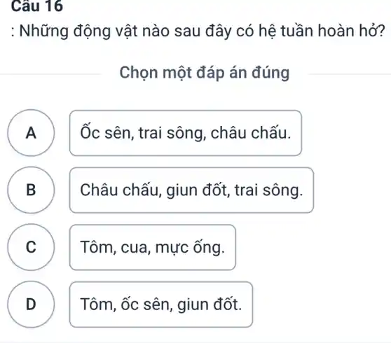 Câu 16
: Những động vật nào sau đây có hê tuần hoàn hở?
Chọn một đáp án đúng
A Ốc sên, trai sông, châu chấu. A
B B
Châu chấu, giun đốt, trai sông.
C Tôm, cua, mực ông. C
D Tôm, ốc sên , giun đốt.