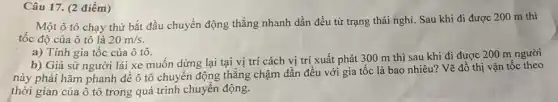 Câu 17. (2 điểm)
Một ô tô chạy thử bắt đầu chuyển động thẳng nhanh dần đều từ trạng thái nghi. Sau khi đi được 200 m thì
tốc độ của ô tô là 20m/s
a) Tính gia tốc của ô tô.
b) Giả sử người lái xe muốn dừng lại tại vị trí cách vị trí xuất phát 300 m thì sau khi đi được 200 m người
này phải hãm phanh đề ô tô chuyển động thẳng chậm dần đều với gia tốc là bao nhiêu? Vẽ đồ thị vận tốc theo
thời gian của ô tô trong quá trình chuyển động.