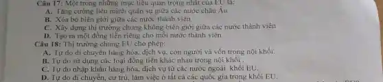 Câu 17: Một trong những mục tiêu quan trọng nhất của EU là:
A. Tǎng cường liên minh quân sự giữa các nước châu Âu
B. Xóa bỏ biên giới giữa các nước thành viên
C. Xây dựng thị trường chung không biên giới giữa các nước thành viên
D. Tạo ra một đồng tiền riêng cho mỗi nước thành viên
Câu 18: Thị trường chung EU cho phép:
A. Tự do di chuyển hàng hóa, dịch vụ, con người và vốn trong nội khối.
B. Tự do sử dụng các loại đồng tiền khác nhau trong nội khối .
C. Tự do nhập khẩu hàng hóa, dịch vụ từ các nước ngoài khối EU.
D. Tự do di chuyển, cư trú, làm việc ở tất cả các quốc gia trong khối EU.