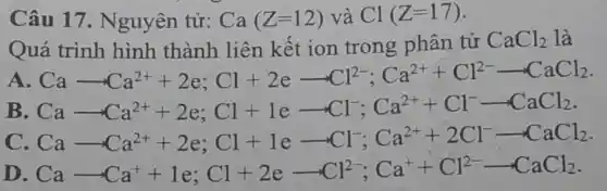 Câu 17. N guyên tử: Ca(Z=12) và Cl(Z=17)
Quá trình hình thành liên kết ion trong phân tử
CaCl_(2) là
A Ca-Ca^2++2e;Cl+2e-Cl^2-;Ca^2++Cl^2-CaCl_(2)
B Ca-Ca^2++2e;Cl+1earrow Cl^-;Ca^2++Cl^-CaCl_(2)
C Ca-Ca^2++2e;Cl+1e-Cl^-;Ca^2++2Cl^-CaCl_(2)
D Ca-Ca^++1e;Cl+2e-Cl^2-;Ca^++Cl^2-CaCl_(2)