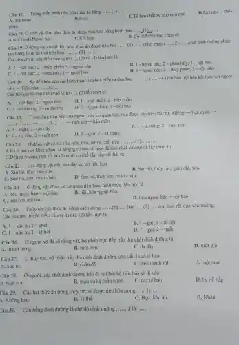 __
Câu 17. Trùng biến hình tiêu hóa thức ǎn bằng __
A.Hormone
B.Acid
C.Tế bào chất xé nhỏ con mồi
D.Enzyme thủy
phân
Câu 18. Ở sinh vật đơn bào, thức ǎn được tiêu hóa bằng hình thức
__
D.Cơ chế tiêu hóa chưa rõ
A.Nội bàoB.Ngoại bào
C.Kết hợp
Câu 19. Ở động vật có túi tiêu hóa, thức ǎn được tiêu hóa
__ (nhờ enzim __ chất dinh dưỡng phức
tạp trong lòng túi)và tiêu hóa
__
Các từ/cụm từ cần điền vào vị trí (1), (2) và (3)lần lượt là:
A. 1-nội bào; 2 - thủy phân; 3 - ngoại bào
B. 1 - ngoại bào;2 - phân hủy;3 - nội bào
C. 1-nội bào;2 - tiêu hủy; 3 -ngoài bào
D. 1 - ngoại bào;2 - thủy phân;3-nội bào
Câu 20. Sự tiến hóa của các hình thức tiêu hóa diễn ra tiêu hóa
__ ­­­­→ Tiêu hóa nội bảo kết hợp với ngoại
bào ­­­­→ Tiêu hóa __
Các từ/cụm từ cần điền vào vị trí (1), (2) lần lượt là:
A. 1 - nội bào;2 - ngoại bào
B. 1 - một phần;2 - bán phần
C. 1-dị dưỡng; 2 - tự dưỡng
D. 1-ngoại bào;2 - nội bào
Câu 21. Trong ống tiêu hóa của người,các cơ quan tiêu hóa được sắp theo thứ tự: Miệng ­­­­→thực quản ­­­­→,
__ __ ­­­­→ ruột già >hậu môn __
A. 1- thận;2 - dạ dày
B. 1-tá tràng; 2 - ruột non
C. 1-dạ dày;2 - ruột non
D. 1-gan;2 - tá tràng
Câu 22. Ở động vật có túi tiêu hóa, thức ǎn và chất thải
__ (1) __
A.Ra ở hai nơi khác nhau B.Miệng có hai lỗ, một để thải chất và một để lấy thức ǎn
C.Đều ra ở cùng một lỗ D.Chưa rõ cơ chế lấy vào và thải ra
Câu 23. Các động vật nào sau đây có túi tiêu hóa
B. San hô, thủy tức, giun đất, sứa.
A. San hô, thủy tức, sứa.
C. San hô, sứa,châu chấu.
D. San hô, thủy tức, châu chấu.
Câu 24. Ở động vật chưa có cơ quan tiêu hóa, hình thức tiêu hóa là
A. tiêu ngoại bào + nội bào
B. tiêu hóa ngoại bào.
D. tiêu ngoại bào + nội bào
C. tiêu hóa nội bào.
Câu 25. Thủy tức lấy thức ǎn bằng cách dùng
__ làm __ con mồi rồi đưa vào miệng. __
Các từ/cụm từ cần điền vào vị trí (1), (2) lần lượt là:
A. 1-xúc tu; 2 - chết
B. 1-gai; 2 - tê liệt
C. 1-xúc tu;2 - tê liệt
D. 1-gai;2-ngất
Câu 26. Ở người và đa số động vật, bộ phận trực tiếp hấp thụ chất dinh dưỡng là
A. manh tràng.
B. ruột non.
C. dạ dày.
D. ruột già
Câu 27. Ở thủy tức, bộ phận hấp thụ chất dinh dưỡng chủ yếu là cá tế bào
A. xúc tu.
B. chân đế.
C. trên thành túi.
D. ruột non.
Câu 28. Ở người.các chất dinh dưỡng khi đi ra khỏi hệ tiêu hóa sẽ đi vào
A. ruột non
B. máu và hệ tuần hoàn C. các tế bào
D. hệ hô hấp
Câu 29. Các hạt thức ǎn trong thủy tức sẽ được tiêu hóa trong __ __
C. Bọc thức ǎn
D. Nhân
4. Không bào
B. Ti thề
__ __
Câu 30. Cân bằng dinh dưỡng là chế độ dinh dưỡng