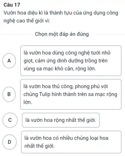 Câu 17
Vườn hoa diệu kì là thành tựu của ứng dụng công
nghệ cao thế giới vì:
Chọn một đáp án đúng
A
là vườn hoa dùng công nghệ tưới nhỏ
A
vùng sa mạc khô cẳn, rộng lớn.
giọt, cảm ứng dinh dưỡng trồng trên
B
là vườn hoa thủ công, phong phú với
chủng Tulip hình thành trên sa mạc rộng
lớn.
C là vườn hoa rộng nhất thế giới. C
D
là vườn hoa có nhiều chủng loại hoa