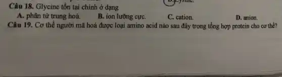 Câu 18. Glycine tồn tại chính ở dạng
A. phân tử trung hoà.
B. ion lưỡng cựC.
C. cation.
D. anion.
Câu 19. Cơ thể người mã hoá được loại amino acid nào sau đây trong tổng hợp protein cho cơ thể?