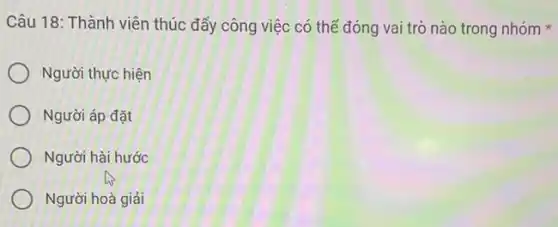 Câu 18: Thành viên thúc đẩy công việc có thế đóng vai trò nào trong nhóm
Người thực hiện
Người áp đặt
Người hài hước
Người hoà giải