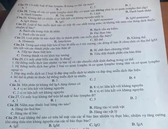 Câu 19. Có mấy loại tế bào lympho B trong co thể vật nuôi?
C. 5
Câu 20. Trong số các cơ quan lympho dưới đây, cơ quan nào không phải là cơ quan lympho thứ cấp?
D. 1
B. 3
A. 7
D. Hạch hạnh nhân
A. Hạch lympho
C. Lách
B. Tùy xương
Câu 21. Kháng thể có nhiều vị trí liên kết với kháng nguyên nhất là
D. IgM pentamer
C. IgM monomer
A. IgA dimer
B. IgG Câu 22. Loại tế bào miễn dịch nào có mật độ cao nhất trong máu và không bắt màu của dung dịch thuốc
nhuộm tế bào?
A. Bạch cầu trung tính đa nhân
B. Bạch cầu ưa kiềm
C. Bạch cầu ưa acid
D. Đại thực bào
Câu 23. Loại phân tử nào dưới đây là thành phần của miễn dịch đặc hiệu?
D. Kháng thể.
C. Bố thể
A. Histamin
B. Interferon Câu 24. Trong quá trình biệt hóa tế bào B diễn ra ở tủy xương, các dòng tế bào B chưa chín có thụ thể IgM
liên kết với các thành phần của bản thân sẽ
A. Tiếp tục được biệt hóa
B. Bị chết theo chương trình
C. Trưởng thành và rời khỏi tùy xương
D. Tiêu diệt thành phần của bản thân
Câu 25. Có mấy phát biểu sau đây là đúng?
1. Hệ thống miễn dịch làm nhiệm vụ bảo vệ và vận chuyển chất dinh dưỡng trong cơ thể.
2. Hệ thống miễn dịch bao gồm 2 loại cơ quan lympho là cơ quan lympho trung tâm và cơ quan lympho
ngoại vi.
3. Đáp ứng miễn dịch có 2 loại là đáp ứng miễn dịch tự nhiên và đáp ứng miễn dịch đặc hiệu.
4. Bồ thể là phân tử thuộc hệ thống miễn dịch tự nhiên.
D. 4
A. 1
B. 3
C. 2
Câu 26. Một phân tử kháng thể IgA dạng dimer có
B. 8 vị trí liên kết với kháng nguyên
A. 4 vị trí liên kết với kháng nguyên
D. 6 vị trí liên kết với kháng nguyên
C. 2 vị trí liên kết với kháng nguyên
Câu 27. Có mấy loại kháng thể trên bề mặt tế bào lympho B?
C. 5
D. 2
A. 3
B. 1
Câu 28. Niêm mạc thuộc loại hàng rào nào?
B. Hàng rào vi sinh vật
A. Hàng rào hoá học
C. Hàng rào tế bào
D. Hàng rào vật lý
Câu 29. Loại kháng thể nào có trên bề mặt của các tế bào làm nhiệm vụ thực bào, nhiệm vụ tǎng cường
khả nǎng thâu tóm kháng nguyên của các tế bào thực bào?
A. IgE
B. IgM
C. IgG
D. IgA