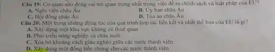 Câu 19: Cơ quan nào đóng vai trò quan trọng nhất trong việc đề ra chính sách và luật pháp của EU?
A. Nghị viện châu Âu
B. Uy ban châu Au
C. Hội đồng châu Âu
D. Tòa án châu Âu
Câu 20: Một trong những động lực của quá trình hợp tác liên kết và nhất thể hóa của EU là gì?
A. Xây dựng một khu vực không có thuế quan
B. Phát triển nông nghiệp và chǎn nuôi
C. Xóa bỏ khoảng cách giàu nghèo giữa các nước thành viên
D. Xây dựng một đồng tiền chung cho các nước thành viên