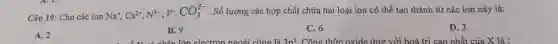 Câu 19: Cho các ion
Na^+,Ca^2+,N^3-,F,CO_(3)^2- . Số lượng các hợp chất chứa hai loại ion có thể tạo thành từ các ion này là:
A. 2
B. 9
C. 6
D. 3