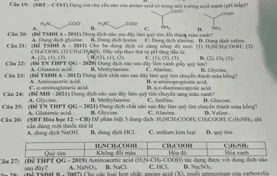 Câu 19: (SBT-CTST) Dạng ion chủ yếu nào của amino acid có trong môi trường acid mạnh (pH thấp)?
A.
B.
D.
+NH_(3)
Câu 20: (Đề TSĐH A - 2011) Dung dịch nào sau đây làm quỳ tím đổi thành màu xanh?
A. Dung dịch glycine . B. Dung dịch lysine . C. Dung dịch alanine D. Dung dich valine.
(Đề TSĐH A - 2011)Cho ba dung dịch có cùng nồng độ mol: (1) H_(2)NCH_(2)COOH, (2)
CH_(3)COOH, (3) CH_(3)CH_(2)NH_(2) Dãy xếp theo thứ tự pH tǎng dần là:
A. (2),(1), (3).
B.) (3 ), (1), (2).
C. (1), (2),(3).
D. (2), (3 ), (1).
(Đề TN THPT QG - 2020/ Dung dịch nào sau đây làm xanh giấy quỳ tím?
A. Glutamic acid.
B. Methylamine.
C. Alanine.
D. Glycine.
Câu 23: (Đề TSĐH A - 2012) Dung dịch chất nào sau đây làm quỳ tím chuyển thành màu hồng?
A. Aminoacetic acid.
B. a-aminopropionic acid.
C. a-aminoglutaric acid.
D. a,e-diaminocaproic acid.
Câu 24: (Đề Dung dịch nào sau đây làm quỳ tím chuyên sang màu xanh?
A. Glycine.
B. Methylamine.
C. Aniline.
D. Glucose.
Câu 25: (Đề TN THPT QG - 2021) Dung dịch chất nào sau đây làm quỳ tím chuyển thành màu hồng?
A. Glutamic acid.
B. Glycine.
C. Alanine.
D. Valine.
Câu 26: (SBT Hóa học 12 - CB) Để phân biệt 3 dung dịch: H_(2)NCH_(2)COOH;CH_(3)COOH;C_(2)H_(5)NH_(2) chi
cần dùng một thuốc thử là
A. dung dịch NaOH.
B. dung dịch HCl.
C. sodium kim loại
D. quỳ tím.
C_(2)H_(5)NH_(2)
Câu 27: (Đề THPT QG - 2019) Aminoacetic acid (H_(2)N-CH_(2)-COOH) tác dụng được với dung dịch nào
sau đây?
A. NaNO_(3)
B. NaCl.
C. HCl.
D Na_(2)SO_(4)
Yêu 28. (Đề TSDH B - 2007) Cho các loại hợp chất: amino acid (X) muối ammonium của carboxylic