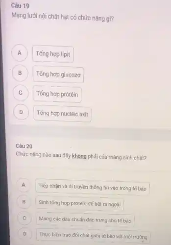 Câu 19
Mạng lưới nội chất hạt có chức nǎng gì?
A Tổng hợp lipit
B Tổng hợp glucozơ B
C Tổng hợp prôtêin C
D ) Tổng hợp nuclêic axit
Câu 20
Chức nǎng nào sau đây không phải của màng sinh chất?
A )
Tiếp nhận và di truyền thông tin vào trong tế bào
B Sinh tổng hợp protein đế tiết ra ngoài B
C Mang các dấu chuẩn đặc trưng cho tế bào C
D )
Thực hiện trao đối chất giữa tế bào với môi trường