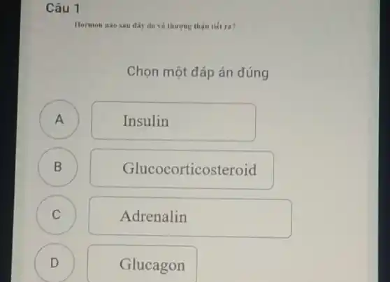 Câu 1
Hormon nào sau dây do vỏ thương thận tiết ra?
Chọn một đáp án đúng
A
B
A
Insulin
B
Gluc ocorticosteroid
C C
Adrenalin
D
D
Glucagon