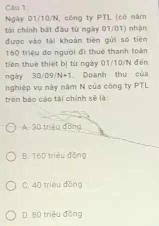 Câu 1:
Ngày 01/10/N, công ty PTL (có nǎm
tài chính bắt đầu từ ngày 01/01 nhận
được vào tài khoản tiền gửi số tiền
160 triệu do người đi thuê thanh toán
tiền thuê thiết bị từ ngày 01/10/N đến
ngày 30/09/N+1 . Doanh thu của
nghiệp vụ này nǎm N của công ty PTL
trên báo cáo tài chính sẽ là:
A. 30 triệu đồng
B. 160 triệu đồng
C. 40 triệu đồng
D. 80 triệu đồng