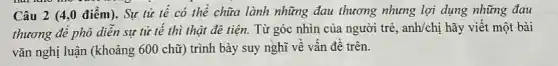 Câu 2 (4 ,0 điểm). Sự tử tế có thể chữa lành những đau thương nhưng lợi dụng những đau
thương để phô diên sự tử tế thì thật đê tiện. Từ góc nhìn của người trẻ, anh/chị hãy viết một bài
vǎn nghị luận (khoảng 600 chữ) trình bày suy nghĩ về vân đề trên.