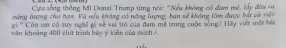 Câu 2. (4,0 unemy
Cựu tổng thống Mĩ Donal Trump từng nói:"Nếu không có đam mê, lấy đâu ra
nǎng lượng cho bạn.Và nếu không có nǎng lượng, bạn sẽ không làm được bất cứ việc
gì." Còn em có suy nghĩ gì về vai trò của đam mê trong cuộc sống? Hãy viết một bài
vǎn khoảng 400 chữ trình bày ý kiến của minh./.