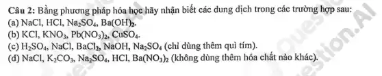 Câu 2: Bằng phương pháp hóa học hãy nhận biết các dung dịch trong các trường hợp sau:
(a) NaCl, HCl, Na_(2)SO_(4),Ba(OH)_(2)
(b) KCl, KNO_(3),Pb(NO_(3))_(2),CuSO_(4)
(c) H_(2)SO_(4) , NaCl, BaCl_(2) NaOH, Na_(2)SO_(4) (chỉ dùng thêm quì tím).
(d) NaCl, K_(2)CO_(3),Na_(2)SO_(4) , HCl, Ba(NO_(3))_(2) (không dùng thêm hóa chất nào khác).