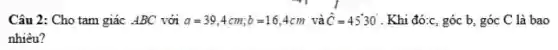 Câu 2: Cho tam giác ABC với a=39,4cm;b=16,4cm và hat (C)=45^circ 30^circ  . Khi đó:c, góc b góc C là bao