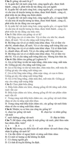 Câu 2: giống vật nuôi là gì ?
A. là quân thể vật nuôi cùng loài, cùng nguồn gốc, được hình
thành , củng cố, phát triển do tác động của con người
B. là quần thể vật nuôi cùng loài,cùng nguồn gốc, có ngoại hình
và cấu trúc di truyền tương tự nhau.được hình thành , cùng cô.
phát triển do tác động của thiên nhiên
C. là quần thể vật nuôi cùng loài, cùng nguồn gốc, có ngoại hình
và cấu trúc di truyền tương tự nhau,được hình thành , cùng cô
phát triển do tác động của con người
D. là quần thể vật nuôi cùng loài, cùng nguồn gốc, có ngoại hình
và cấu trúc di truyền tương tự nhau ,được hình thành , cùng cô,
phát triển do tác động của máy móC.
Câu 3: Đặc điểm của giống vịt cỏ là?
A. Bộ lông của vịt có màu đen . Vịt có tầm vóc nhỏ bé, nhanh
nhẹn, dễ nuôi. Vịt có cho nǎng suất trứng khá cao.
B. Bộ lông của vịt có có nhiều màu khác nhau. Vịt có tầm vóc
nhỏ bé, nhanh nhẹn,, dễ nuôi. Vịt có cho nǎng suất trứng khá cao
C. Bộ lông của vịt có có nhiều màu khác nhau. Vịt có thân hình
to, nhanh nhẹn, dễ nuôi. Vịt có cho nǎng suất trứng khá cao.
D. Bộ lông của vịt có có nhiều màu khác nhau. Vịt có tầm vóc
nhỏ bé. Vịt có cho nǎng suất trứng khá cao. Nhưng kén thức ǎn.
Câu 4: Đặc điểm của giống gà Leghorn là ?
A. Gà có bộ lông và dái tai màu trǎng, chân màu vàng . mắt màu
đỏ. Giống gà này cho nǎng suất trứng cao.
B. Gà có bộ lông và dái tai màu đen, chân màu đen, mắt màu đỏ.
Giống gà này cho nǎng suất trứng cao.
C. Gà có bộ lông màu trǎng, chân màu vàng, có cựa to khỏe.
Giống gà này cho nǎng suất trứng thấp
D. Gà có bộ lông trǎng, chân màu đen , mắt màu đỏ. Giống gà
này cho nǎng suất trứng thấp
Câu 5: Chọn phát biểu đúng
A. Điều kiện chǎm sóc kém, nhưng giống tốt thì nǎng suất chǎn
nuôi vẫn cao
B. Điều kiện chǎm sóc kém, nhưng giống tốt thì sản phẩm chǎn
nuôi vẫn tốt
C. Trong cùng một điều kiện chǎm sóc, các giống vật nuôi khác
nhau sẽ cho ra nǎng suất như nhau.
D. Trong cùng một điều kiện chǎm sóc, các giống vật nuôi khác
nhau sẽ cho ra nǎng suất khác nhau.
Câu 6: Nhiệm vụ cơ bản của công tác giống là?
A. chọn lọc giống vật nuôi
vật nuôi
B. chọn lọc và nhân giống
C. nuôi dưỡng giống vật nuôi
D. đáp án khác
Câu 7: Để được công nhận là một giống vật nuôi, phải thỏa mãn
bao nhiêu điều kiện?
A. 3
B. 4
C. 5
D. 6
Câu 8: Một trong các điều kiện để một nhóm vật nuôi được công
nhận là giống vật nuôi là?
A. Các đặc điểm về ngoại hình và nǎng suất khác nhau
B. Có một số lượng cá thể không ổn định
C. Có chung nguồn gốc
D. Có tính di truyền không ổn định.