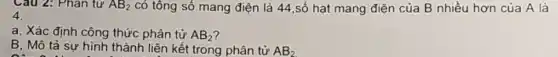 Câu 2: Phân từ AB_(2) có tông số mang điện là 44,số hạt mang điện của B nhiều hơn của A là
4.
a, Xác định công thức phân tử AB_(2)
B, Mô tả sự hình thành liên kết trong phân tử AB_(2)