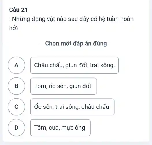 Câu 21
: Những động vật nào sau đây có hê tuần hoàn
hở?
Chọn một đáp án đúng
A Châu chấu , giun đốt , trai sông. A
B Tôm, ốc sên , giun đốt.
D
C Ốc sên, trai sông, châu chấu. C
D Tôm, cua , mực ống. D