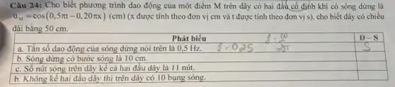 Câu 24: Cho biết phương trình dao động của một điểm M trên dây có hai đầu cố định khi có sóng dừng là
u_(M)=cos(0,5pi t-0,20pi x)(cm) (x được tính theo đơn vị cm và t được tính theo đơn vị s). cho biết dây có chiều
dài bằng 50 cm.
a. Tần số dao động của sóng dừng nói trên là 0 .5 Hz.
square 
b. Sóng dừng có bước sóng là 10 cm.
square 
c. Số nút sóng trên dây kê cả hai đầu dây là 11 nút.
square 
b. Không kể hai đầu dây thì trên dây có 10 bụng sóng.
square