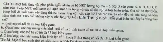 Câu 24. Một tế bảo sinh tinh có kiểu gene AB/ab Dd 3 trình trạng có tôi đa 10 loại kiểu ge
Câu 23. Một loài thực vật giao phấn ngẫu nhiên có bộ NST lưỡng bội 2n=6. Xét 3 cặp gene A, a; B, b;D, D
nǎm trên 3 cặp NST, mỗi gene qui định một tính trạng và các allele trội là trội hoàn toàn Giả sử do đột biên,
trong loài đã xuất hiện các dạng thể ba tương ứng với các cặp NST và các thể ba này đều có sức sống và khả
nǎng sinh sản. Cho biết không xảy ra các dạng đột biến khác. Theo lý thuyết,mỗi phát biểu sau đây là đúng hay
sai?
a. Loài nảy có tối đa 42 loại kiểu gene.
b. Ở loài này , các cây mang kiểu hình trội về cả 3 tính trạng có tối đa 20 loại kiểu gene.
c. Ở loài này,các thể ba có tôi đa 33 loại kiệu gene.
d. Ở loài này,các cây mang kiểu hình lặn về 1 trong 3 tính trạng có tối đa 10 loại kiểu gene.