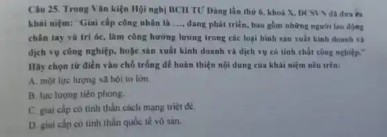 Câu 25. Trong Vǎn kiện Hội nghị BCH TU Đảng lần thứ 6, khoá X, DCSVN đã dura ira
khái niệm: "Giai cấp công nhân là __ đang phát triển, bao gồm những người lao động
chân tay và trí óc, làm công hưởng lương trong các loại hình sản xuất kinh doanh và
dịch vụ công nghiệp., hoặc sản xuất kinh doanh và dịch vụ có tính chất công nghiệp."
Hãy chọn từ điền vào chỗ trống để hoàn thiện nội dung của khái niệm nêu trên:
A. một lực lượng xã hội to lớn.
B. lực lượng tiên phong.
C. giai cấp có tinh thần cách mạng triệt để.
D. giai cấp có tinh thần quốc tế vô sản.