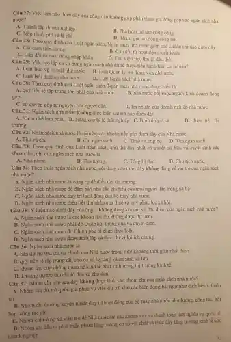 Câu 27: Việc làm nào dưới đây của công dân không góp phần tham gia đóng góp vào ngân sách nhà
nước?
A. Thành lập doanh nghiệp
B. Phá hoại tài sản công cộng.
C. Nộp thuế, phí và lệ phí
D. Tham gia lao động công ích
Câu 28: Theo quy định của Luật ngân sách, Ngân sách nhà nước gồm các khoản chi nào dưới đây
A. Cải cách tiền lương
B. Cân đối từ hoạt động xuất khẩu
C. Cân đối từ hoạt động nhập khẩu
D. Thu viện trợ, thu từ dầu thô.
Câu 29: Việc tạo lập và sử dụng ngân sách nhà nước được tiến hành trên cơ sở nào?
A. Luật Bảo vệ bí mật nhà nước B. Luật Quản lý , sử dụng vốn nhà nước
C. Luật Bồi thường nhà nướC.
D. Luật Ngân sách nhà nướC.
Câu 30: Theo quy định của Luật ngân sách, Ngân sách nhà nước được hiểu là
A. quỹ tiền tệ tập trung lớn nhất cùa nhà nước
góp.
B. nhà nước bắt buộc người kinh doanh đóng
C. sự quyên góp tự nguyện của người dân
D. lợi nhuận của doanh nghiệp nhà nước
Câu 31: Ngân sách nhà nước không thực hiện vai trò nào dưới đây
A. Kiềm chế lạm phát.B. Nâng cao tỷ lệ thất nghiệp. C. Bình ổn giá cà
D. điều tiết thị
trường.
Câu 32: Ngân sách nhà nước là toàn bộ các khoản tiền nào dưới đây của Nhà nước
A. Thu và chi
B. Chi ngân sách.
C. Thuế và ủng hộ.
D. Thu ngân sách
Câu 33: Theo quy đinh của Luật ngân sách, chủ thể duy nhất có quyền sở hữu và quyết định các
khoản thu, chi của ngân sách nhà nước là
A. Nhà nước
B. Thủ tướng
C. Tổng bí thư
D. Chu tịch nước
Câu 34: Theo Luật ngân sách nhà nướC.nội dung nào dưới đây không đúng về vai trò của ngân sách
nhà nước?
A. Ngân sách nhà nước là công cụ đề điều tiết thị trường.
B. Ngân sách nhà nước để đảm bảo nhu cầu chi tiêu của mọi người dân trong xã hội.
C. Ngân sách nhà nước duy trì hoạt động của bộ máy nhà nước
D. Ngân sách nhà nước điều tiết thu nhập qua thuế và quỹ phúc lợi xã hội.
Câu 35: Ý kiến nào dưới đây của ông T không đúng khi nói về đặc điểm của ngân sách nhà nước?
A. Ngân sách nhà nước là các khoản thu chi không được dự toán
B. Ngân sách nhà nước phải do Quốc hội thông qua và quyết đinh
C. Ngân sách nhà nước do Chính phù tổ chức thực hiện
D. Ngân sách nhà nước được thiết lập và thực thi vì lợi ích chung
Câu 36: Ngân sách nhà nước là
A. bản dự trù thu chi tài chính của Nhà nước trong một khoảng thời gian nhất định
B. quỹ tiền tệ tập trung chi cho cơ sở hạ tầng và an sinh xã hội.
C. khoản thu của những quan hệ kinh tế phát sinh trong thị trường kinh tế
D. khoảng dự trù thu chi từ dân và cho dân.
Câu 37: Nhóm chi nào sau đây không được tính vào nhóm chi của ngân sách nhà nước?
A. Nhóm chi dự trữ quốc gia phục vụ việc dự trữ cho các biến động bất ngờ như dịch bệnh,thiên
tai.
B. Nhóm chi thường xuyên nhằm duy trì hoạt động của bộ máy nhà nước như lương công tác, hội
họp, công tác phí.
C. Nhóm chi trả nợ và viện trợ để Nhà nước trả các khoản vay và thanh toán làm nghĩa vụ quốc tế
D. Nhóm chi đầu tư phát triển nhằm tǎng cường cơ sở vật chất và thúc đẩy tǎng trưởng kinh tế cho
doanh nghiệp.