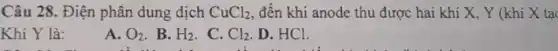 Câu 28. Điện phân dung dịch CuCl_(2) đến khi anode thu được hai khí X , Y (khí X tạc
Khí Y là:	Cl_(2) D. HCl.
A. O_(2) B. H_(2) C.