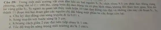 Câu 28: Trong một môi trường vật chất đàn hồi có hai nguồn
( )4. )
cách nhau 9,5 cm phát dao động cùng S_(1),S_(2)
phương, cùng tần số f=100Hz , cùng biên độ dao động và có pha lệch nhau không đổi theo thời gian. Khi đó
tại vùng giữa S_(1),S_(2) người ta quan sát thậy xuất hiện 10 vân dao động cực đại và những vǎn này cắt đoạn S_(1),S_(2)
thành 11 đoạn mà hai đoạn gần các nguồn chỉ dài bằng một phần tư các đoạn còn lại.
a. Chu kỳ dao động của sóng truyên đi là 0,01 s.
b. Sóng truyền với bước sóng là 3 cm.
c. Khoảng cách giữa 2 cực đại liên tiếp nhau là 1 cm.
d. Tốc độ truyền sóng trong môi trường đó là 2cm/s