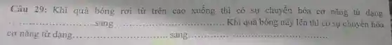 Câu 29: Khi quả bóng rơi từ trên cao xuống thì có sự chuyển hóa cơ nǎng từ dạng
__ sang __
...................................................................... ............Khi quả bóng nảy lên thì có sự chuyển hóa
cơ nǎng từ dạng.. __ sang __ ......................................................................