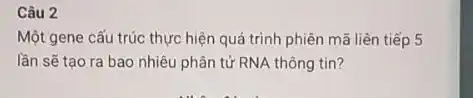 Câu 2
Một gene cấu trúc thực hiện quá trình phiên mã liên tiếp 5
lần sẽ tạo ra bao nhiêu phân tử RNA thông tin?