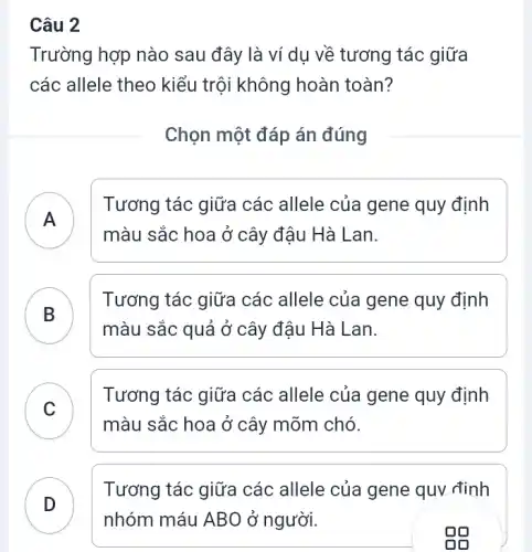 Câu 2
Trường hợp nào sau đây là ví dụ về tương tác giữa
các allele theo kiểu trội không hoàn toàn?
Chọn một đáp án đúng
Tương tác giữa các allele của gene quy định
màu sắc hoa ở cây đậu Hà Lan.
B
màu sắc quả ở cây đậu Hà Lan.
Tương tác giữa các allele của gene quy định
C
Tương tác giữa các allele của gene quy định
v
màu sắc hoa ở cây mõm chó.
D
Tương tác giữa các allele của gene quv đinh