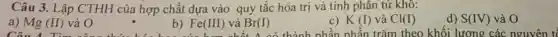 Câu 3. Lập CTHH của hợp chất dựa vào quy tắc hóa trị và tính phân tử khô:
a) Mg (II) và O
b) Fe(III) và Br(I)
c) K(I) và Cl(I)
d) S(IV) và O
khối lượng các nguyên t