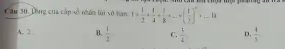 Câu 30. Dong của cấp số nhân lùi vô hạn:
1+(1)/(2)+(1)/(4)+(1)/(8)+... +((1)/(2))^n là
A. 2.
B. (1)/(2)
C. (3)/(4)
D. (4)/(5)