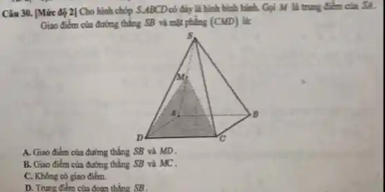 Câu 30. [Mức độ 2] Cho hình chóp S.ABCD có đáy là hình bình hành. Gọi M là trung điểm của SA.
Giao điểm của đường thẳng SB và mặt phẳng (CMD) là:
A. Giao điểm của đường thẳng SB và MD.
B. Giao điểm của đường thẳng SB và MC.
C. Không có giao điểm.
D. Trung điểm của đoạn thẳng SB .