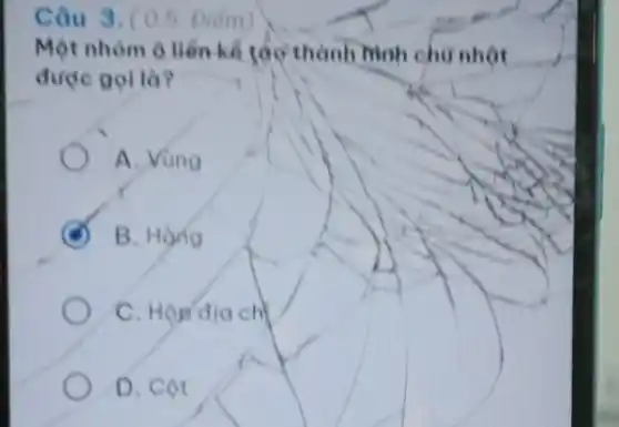 Câu 3.(05 Điếm)
Một nhóm ô liền kể tộc thành mạnh chữ nhật
được gol là?
A. Vùng
B. Hàng
C. Hộp địa ch
D. Cột