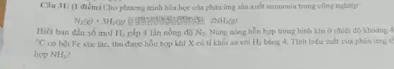 Câu 31: (1 điểm)Cho phương trình hóa học của phản ứng sản xuất ammonia trong công nghiệp:
N_(2)(g)+3H_(2)(g)	2NH_(3)(g)
Biết ban đầu số mol H_(2) gấp 4 lần nồng độ N_(2) Nung nóng hỗn hợp trong bình kín ở nhiệt độ khoảng 4
(}^circ C có bột Fe xúc tác, thu được hỗn hợp khí X có tỉ khối so với H_{2) bằng 4. Tính hiệu suất của phản ứng tể
hợp NH_(3)