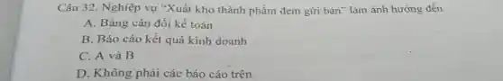 Câu 32. Nghiệp vụ "Xuất kho thành phẩm đem gửi bán'làm ảnh hưởng đến
A. Bảng cân đối kế toán
B. Báo cáo kết quả kinh doanh
C. A và B
D. Không phải các báo cáo trên