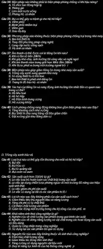 Câu 34: Biện pháp nào không phải là biện pháp phòng chống vi khi hậu nóng?
A. Tổ chức lao động hợp lý
B. Thông gió
C	mặt nước uống
D. Phòng hộ cá
Câu 35: Bụi có thể gây ra bệnh gì cho hệ hô hấp?
A.
B. Bệnh phổi nhiễm bụi
C
Đau dạ dày
gan
D.
Câu 36:Phương pháp nào không thuộc biện pháp phòng chống bụi trong nhà máy.
A. Bao	bi
B. Thay đổi phương ơng pháp công nghệ
C. Cung cấp nước uống sạch
D. Vệ sinh cả i nhân
Câu 37: Âm thanh có thể : được coi là tiếng ồn khi nào?
A. Khi có tần số trên 20kHz
B. Khi gây khó chịu, ảnh hưởng tới công việc và nghỉ ngơi
thanh nằm trong hạn 16Hz đến 20kHz
D. Khi được phát ra trong môi trường g ngoài trờ
Câu 38: Biện pháp nào giúp giảm tiếng ồn trong nhà máy sản xuất?
A. Trồng cây xanh xung quanh nhà máy
dụng thiết bị cơ khí hoá
C. Bao kín thiết bi phát sinh tiếng ồn
D. Trang bị đồ bảo hộ cả nhân
Câu 39: Tác hại của tiếng ồn và rung động ảnh hưởng lớn nhất đến cơ quan nào
trong cơ thế
A. tiêu hoả
B. Hệ hô hấp
C. Hệ thần kinh trung ương
D. Hệ xương khớp
rung động không bao gồm biện pháp nào sau đây?
A. Tǎng	cách nhà xướng
B. thiết bị chịu rung bằng vật liệu giảm chấn
C. Đặt xưởng gần khu đông dân cư
D. Trồng cây xanh bảo vệ
có thể gây tổn thương cho mắt và hệ hô hấp?
B. Bụi hữu cơ
C. Bụi từ quặng sắt
D. Bụi crom và asen
Câu 42: Sản xuất sạch hơn (SXSH) là gì?
A. Là việc loại bỏ
hoàn toàn các chất thải trong sản xuất
B. Là việc dụng chiến lược phòng ngừa về môi trường để nâng cao hiệu
suất sinh thái
phi sản xuất
D. Là việc sử dụng lại tất cả các sản phẩm bị lỗi
Câu 43: Lợi ích nào sau đây không phải của sản xuất sạch hơn?
A. Giảm thiểu tiêu thụ nguyên liệu và nǎng lượng
B. Tǎng chi phí xử lý chất
D. Giảm tác động mồi trường trong chu kỳ sống của sản phẩm
Câu 44: Khải niệm sinh thái	nghiệp là gì?
A.	cứu về chất lượng sản phẩm trong quá trình sản xuất
B. Nghiên cứu về dòng nǎng lượng và vật chất trong các hoạt động sản xuất
và tiêu dùng
công	trong công nghiệp
D. dụng các sản phẩm qua sử dụng
Câu 45:Nguyên tắc nào sau đây không thuộc về sinh thái công nghiệp?
B. Giảm thiểu tác	sinh thái
nguyên vật liêu mới
D.	trì	lực	hệ thống công nghiệ