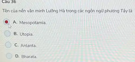 Câu 36
Tên của nền vǎn minh Luồng Hà trong các ngôn ngữ phương Tây là
A. Mesopotamia
B. Utopia.
C. Anlanta.
D. Bharata.