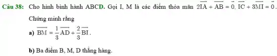 Câu 38: Cho hình bình hành ABCD. Gọi I, M là các điểm thỏa mãn 2overrightarrow (IA)+overrightarrow (AB)=overrightarrow (0),overrightarrow (IC)+3overrightarrow (MI)=overrightarrow (0)
Chứng minh rǎng
a) overrightarrow (BM)=(1)/(3)overrightarrow (AD)+(2)/(3)overrightarrow (BI)
b) Ba điểm B , M, D thǎng hàng.