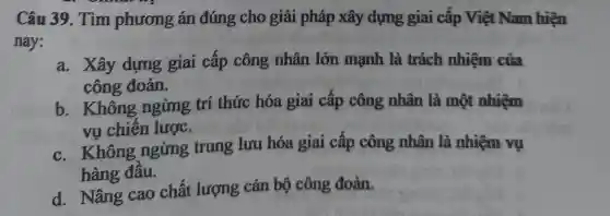 Câu 39. Tìm phương án đúng cho giải pháp xây dựng giai cập Việt Nam hiện
nay:
a. Xây dựng giai cấp công nhân lớn mạnh là trách nhiệm của
công đoàn.
b. Không ngừng trí thức hóa giai cấp công nhân là một nhiệm
vu chiên lược.
c. Không ngừng trung lưu hóa giai cấp công nhân là nhiệm vụ
hàng đâu.
d. Nâng cao chất lượng cán bộ công đoàn.