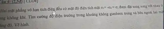 Câu 4: (2,5đ)[CLO4]
Hai mặt phẳng vô hạn tích điện đều có mặt độ điện tích mặt
sigma _(1)=-sigma _(2)=sigma  , được đặt song song với nhau ở
ng không khí . Tìm cường độ điện trường trong khoảng không gianbeen trong và bên ngoài hai mặ
ắng đó. Vẽ hình.