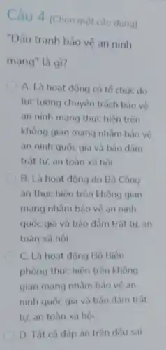 Câu 4 (Chọn một câu đúng)
"Đấu tranh bảo vệ an ninh
mạng" là gì?
A. Là hoạt động có tổ chức do
lực lượng chuyên trách bảo vê
an ninh mang thực hiện trên
không gian mạng nhằm bảo vê
an ninh quốc gia và bảo đảm
trật tư, an toàn xã hôi
B. Là hoạt động do Bộ Công
an thức hiện trên không gian
mạng nhằm bảo vệ an ninh
quốc gia và bảo đảm trật tư, an
toàn xã hội
C. Là hoạt động Bộ Biên
phòng thực hiện trên không
gian mạng nhằm bảo về an
ninh quốc gia và bảo đảm trật
D. Tất cả đáp án trên đều sai