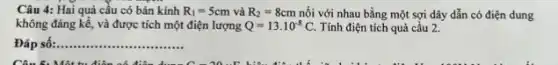 Câu 4: Hai quả câu có bán kính R_(1)=5cm và R_(2)=8cm nối với nhau bằng một sợi dây dẫn có điện dung
không đáng kể, và được tích một điện lượng Q=13cdot 10^-8C. Tính điện tích quả cầu 2.
Đáp số: __