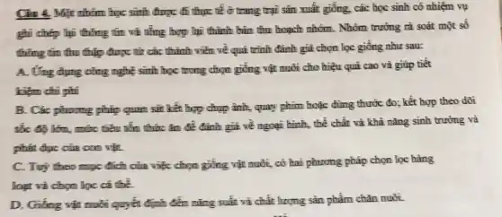 Câu 4. Mặt nhóm học sinh được đi thực tế ở trang trại sãn xuất giống,, các học sinh có nhiệm vụ
ghi chép lại thông tim wà tổng hợp lại thành bǎm thu hoạch nhóm. Nhóm trường rà soát một sô
thông tim thu thập được từ các thành viễn về quá trình đánh giá chọn lọc giống như sau:
A. Ứng dụng công nghệ sinh học trong chọn giống vật nuôi cho hiệu quả cao và giúp tiết
kiệm chi phí
B. Các phương pháp quan sắt kết hợp chụp ảnh, quay phim hoặc dùng thước đo;kết hợp theo dõi
tốc độ lớn, mức tiêu tồn thức ǎn để đánh giá về ngoại hình, thể chất và khả nǎng sinh trưởng và
phát đọc của con will
C. Tuy theo mpc đích của việc chọn giống vật nuôi, có hai phương pháp chọn lọc hàng
loạt và chọm lọc cá thể
D. Giống vật nuôi quyết định đến nǎng suất và chất lượng sản phẩm chǎn nuôi.